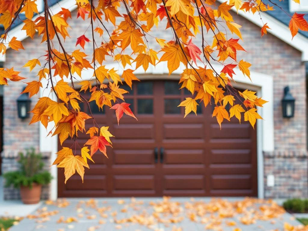 Homeowner inspecting garage door weatherstripping in fall